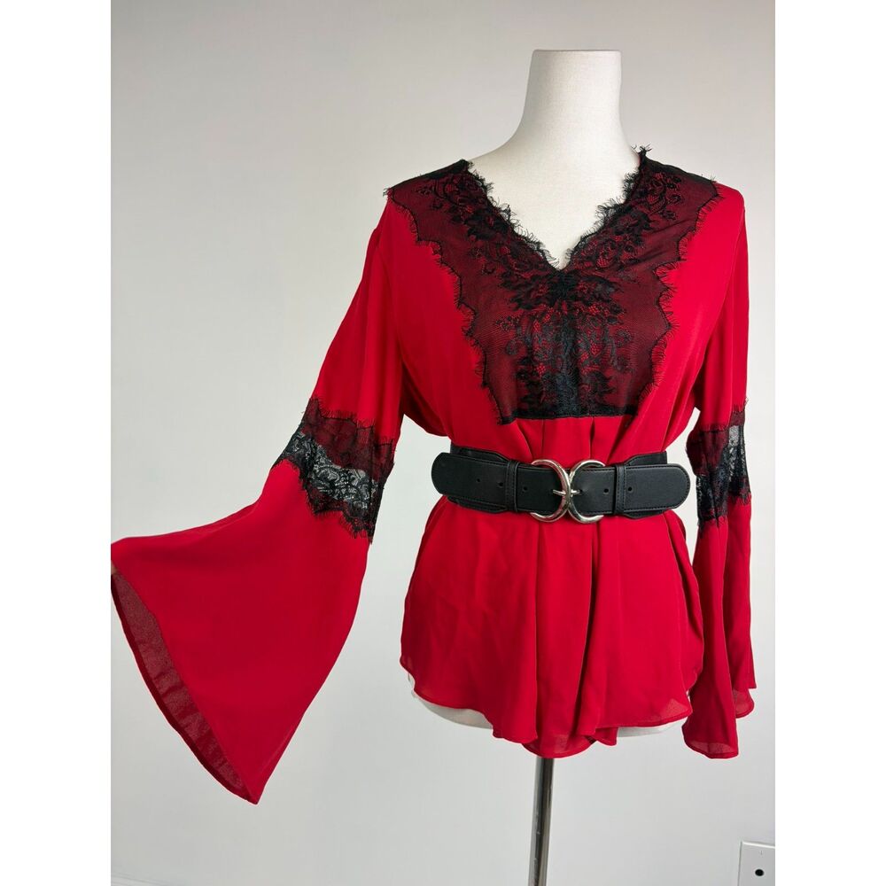 Red Bell Sleeve Vamp Romantic Top M Whimsigoth Fairycore Ren Faire Black Lace